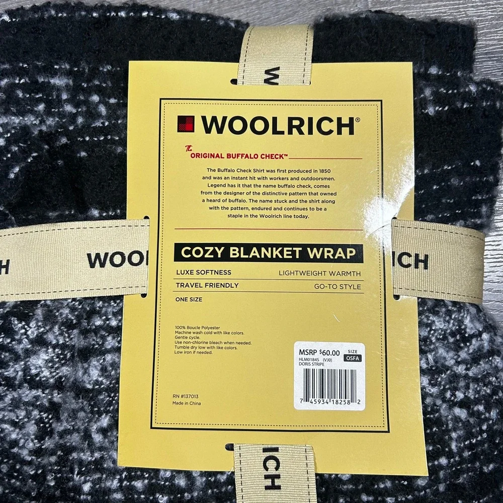 Woolrich Cozy Blanket Wrap Womens OSFA Black White Doris Stripe NEW Boucle
